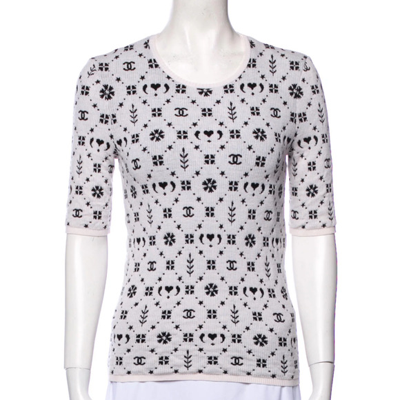 Chanel 19K Coco Neige Black White Wool CC Logo Top Short Sleeve Tee T Shirt 40 - Picture 1 of 16